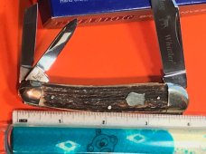 1996 Bulldog Brand 3 Blade Whittler Knife w/ Great Stag Handles & Blade Etch -Low production