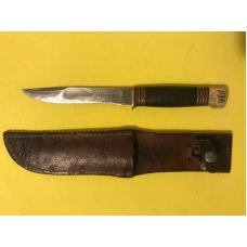 Vintage MARBLES GLADSTONE MICH USA 105quot Knife With Leather Sheath Stag Pommel