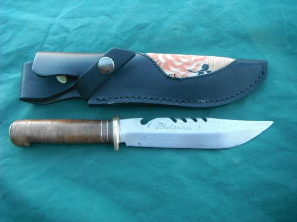 Vintage Handmade Survival, Fighting Knife made in Philippines, W/ leather sheath