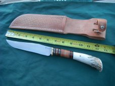 US 2005 Custom Handmade Scagel Stag Handle Hunting Knife w/ Sheath. Made in USA!
