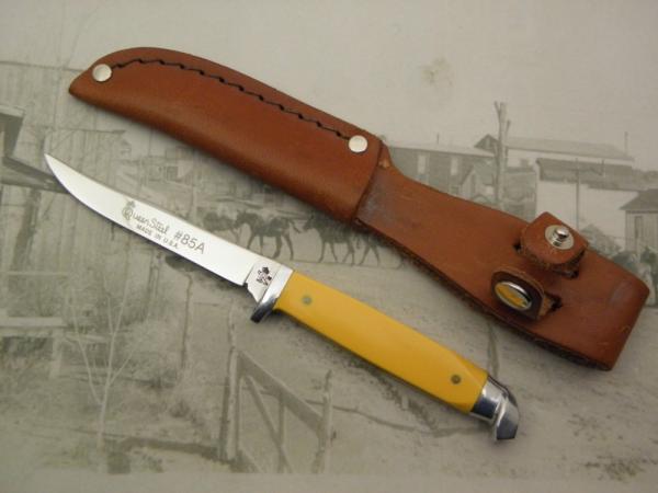 Queen Steel Trout and Bird knife #85A: 6 ¼” overall with 3” blade, Amber Delrin handles  