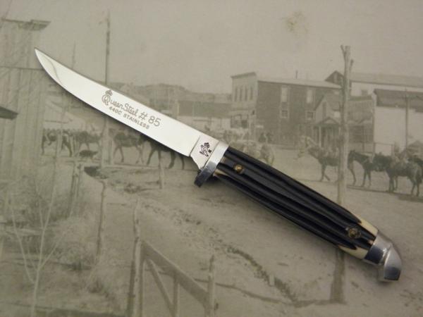 Queen Steel Trout and Bird knife #85: 6 ¼” overall with 3” blade, imitation Winterbottom Bone Delrin