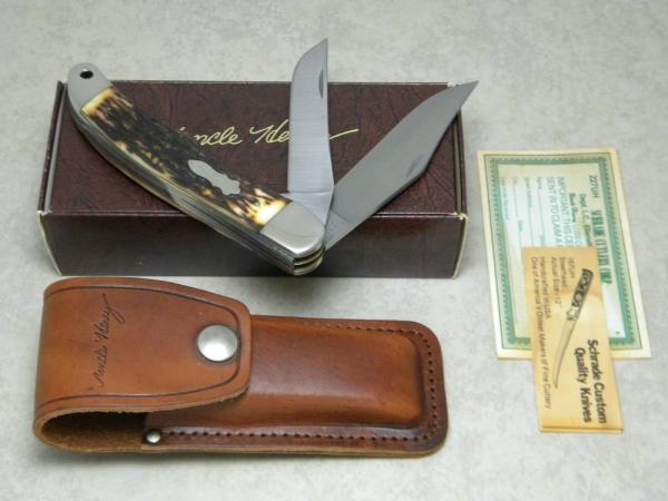 Schrade + USA 227UH Uncle Henry Staglon Folding Bowie/Hunter Knife & Pouch in Box c.1973-1986