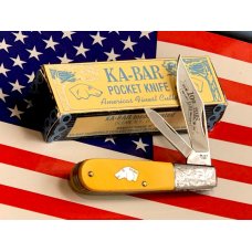 Vint 1998 Ka-Bar Barlow Knife w/ Yellow Derlin Handles +Dog Head Shield & Fancy Scroll Bolsters -NOS