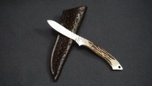 + SCARCE BILL DUFF Custom Knife w/Spine Filework, Stag Handle Scales & Tooled Leather Sheath