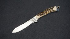 + SCARCE BILL DUFF Custom Knife w/Spine Filework, Stag Handle Scales & Tooled Leather Sheath