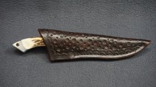 + SCARCE BILL DUFF Custom Knife w/Spine Filework, Stag Handle Scales & Tooled Leather Sheath