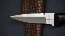 ++ SCARCE DETMER #1674 Custom Double-Edge Knife w/Ebony Handle Scales & Custom Leather Sheath ++