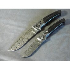 Hand forged Damascus engraved custom knife set 2 by Csaba Vojko