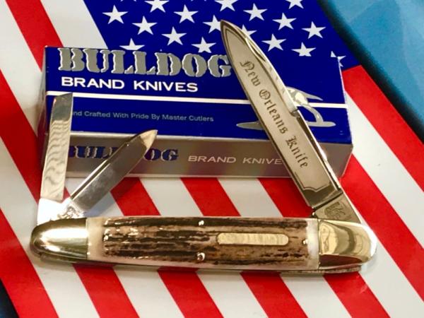 Bulldog Brand Celebrated Anglo Saxon Whittler w/ Great Stag Handles +New Orleans Knife -5 & 1/4" NOS Bulldog Brand Celebrated Anglo Saxon Whittler w/ Great Stag Handles +New Orleans Knife -5 & 1/4" NOS