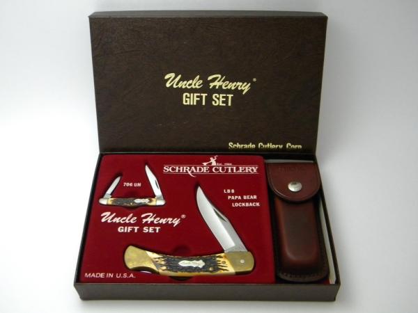 Schrade USA Uncle Henry Gift Set LB8 Papa Bear Lockback Knife & Pouch & 706 UH Gentleman Jim in Box Schrade USA Uncle Henry Gift Set LB8 Papa Bear Lockback Knife & Pouch & 706 UH Gentleman Jim in Box