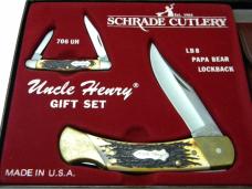 Schrade USA Uncle Henry Gift Set LB8 Papa Bear Lockback Knife & Pouch & 706 UH Gentleman Jim in Box