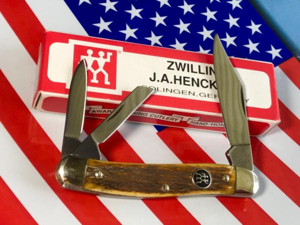 J A Henckels 3 Blade Whittler (HK-7-FLIV) Knife w/ Great Fossil Ivory Handles! Orig Box - NOS