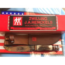 J A Henckels Fixed Blade Hunter Knife -Great Stag Handles -Gold Blade Etch of Buck standing tall-NOS