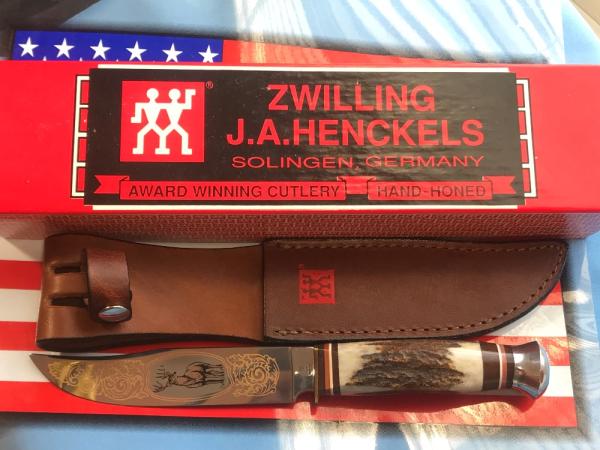 J A Henckels Fixed Blade Hunter Knife -Great Stag Handles -Gold Blade Etch of Buck standing tall-NOS J A Henckels Fixed Blade Hunter Knife -Great Stag Handles -Gold Blade Etch of Buck standing tall-NOS