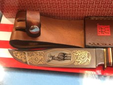 J A Henckels Fixed Blade Hunter Knife -Great Stag Handles -Gold Blade Etch of Buck standing tall-NOS