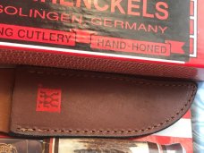 J A Henckels Fixed Blade Hunter Knife -Great Stag Handles -Gold Blade Etch of Buck standing tall-NOS