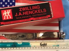 J A Henckels Fixed Blade Hunter Knife -Great Stag Handles -Gold Blade Etch of Buck standing tall-NOS