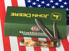 2005 Case xx 3" Gunstock Knife w/ John Deere Shield and Antique Stag Looking Handles -NOS