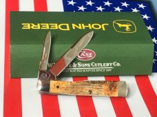 2005 Case xx 3" Gunstock Knife w/ John Deere Shield and Antique Stag Looking Handles -NOS