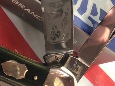 Bulldog Knife Club 4 Blade Canoe w/ Green Bone Handles & Frost Blade Etch -NOS