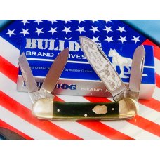 Bulldog Knife Club 4 Blade Canoe w Green Bone Handles amp Frost Blade Etch -NOS