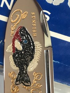2000 Bulldog Brand, HAND MADE 2 Blade Baby Sunfish w/ Pearl Looking Handles +Multi-Color Sunfish