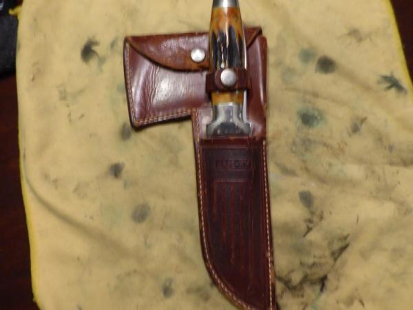 Case Tested Knife/Axe combo with stag handles and leather sheath