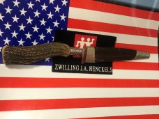 NOS!  J A Henckels (Friodur) Hunting / Skinning / Camping knife w/ Great STAG Handles +Orig Sheath