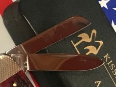 Vintage 1984 Kissing Crane Sleeve Board Whittler w/ Cherry Red Bone Handles and Fancy Bolsters