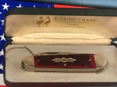Vintage 1984 Kissing Crane Sleeve Board Whittler w/ Cherry Red Bone Handles and Fancy Bolsters
