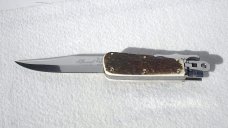 NOS FOX GENUINE STAG ( PIG STICKER ) MANIAGO ITALY FOLDING HUNTER LEVER LOCK BOX / LEATHER SHEATH 