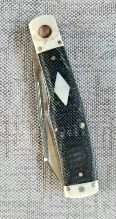 K'roo Custom Native Knife, W/SLIP,4" Denim Micarta and Ivory, Ivory Bolsters and Shield, all pinned