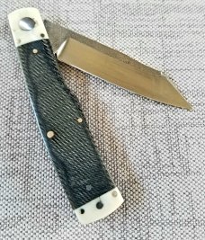 K'roo Custom Native Knife, W/SLIP,4" Denim Micarta and Ivory, Ivory Bolsters and Shield, all pinned