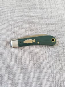 Dean Robertson Custom Sway Back Knife, cpm-154, 3.75" makers box,Teal Micarta, dble Crappie Shield