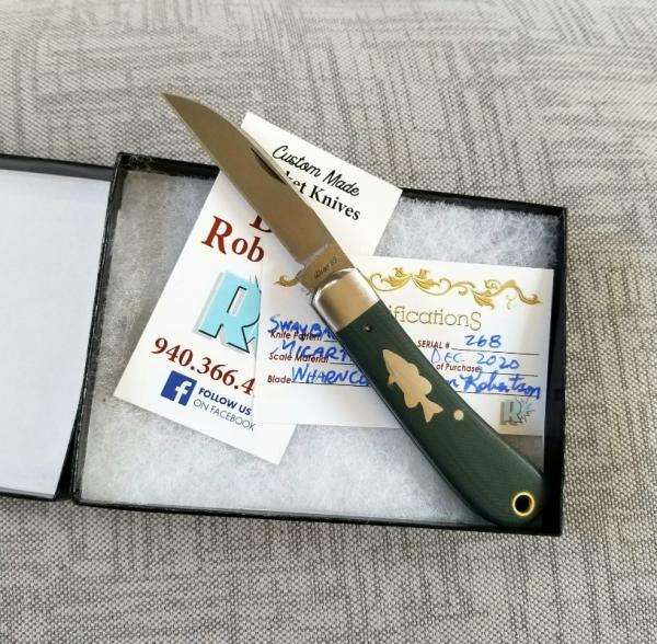 Dean Robertson Custom Sway Back Knife, cpm-154, 3.75" makers box,Teal Micarta, dble Crappie Shield Dean Robertson Custom Sway Back Knife, cpm-154, 3.75" makers box,Teal Micarta, dble Crappie Shield