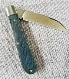 John Lloyd Custom Blue Denim Micarta  Wharnie Jack Knife, Sweged/Hollow Ground 52100 ,NEW, 4"