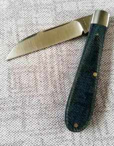 John Lloyd Custom Blue Denim Micarta  Wharnie Jack Knife, Sweged/Hollow Ground 52100 ,NEW, 4"