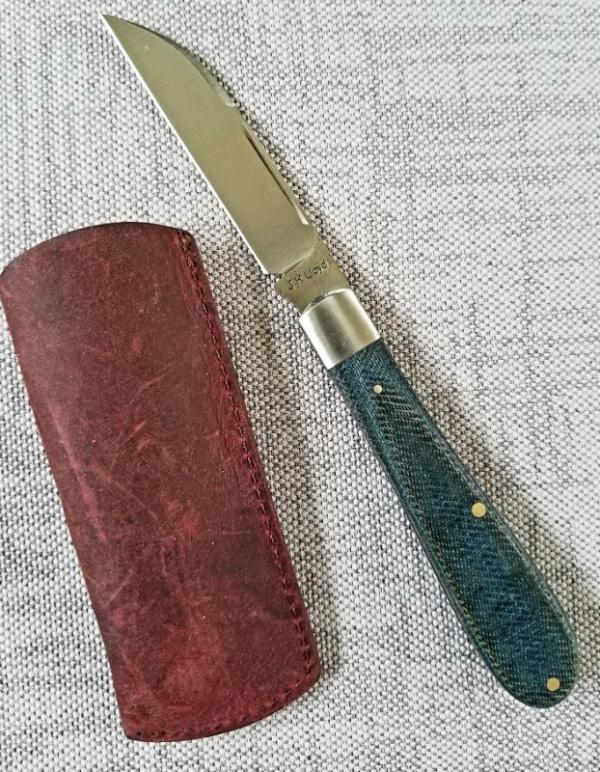John Lloyd Custom Blue Denim Micarta Wharnie Jack Knife, Sweged/Hollow Ground 52100 ,NEW, 4" John Lloyd Custom Blue Denim Micarta Wharnie Jack Knife, Sweged/Hollow Ground 52100 ,NEW, 4"