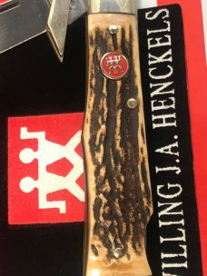 J A Henckels Hand Forged 1 Blade Cheetah / Swing Guard Knife With Great Stag Handles -NOS