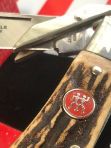 J A Henckels Hand Forged 1 Blade Cheetah / Swing Guard Knife With Great Stag Handles -NOS