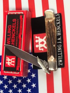 J A Henckels Hand Forged 1 Blade Cheetah / Swing Guard Knife With Great Stag Handles -NOS