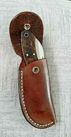 Luzimar Timoteo Custom Native Knife, W/SLIP,4" Umbria Wood shadow pattern in 1070 Carbon, PATINA