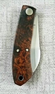 Luzimar Timoteo Custom Native Knife, W/SLIP,4" Umbria Wood shadow pattern in 1070 Carbon, PATINA