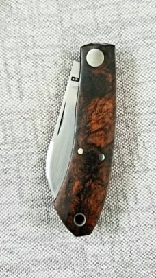 Luzimar Timoteo Custom Native Knife, W/SLIP,4" Umbria Wood shadow pattern in 1070 Carbon, PATINA