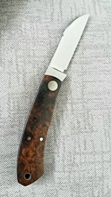 Luzimar Timoteo Custom Native Knife, W/SLIP,4" Umbria Wood shadow pattern in 1070 Carbon, PATINA