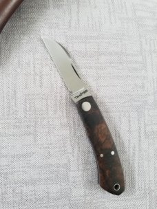 Luzimar Timoteo Custom Native Knife, W/SLIP,4" Umbria Wood shadow pattern in 1070 Carbon, PATINA