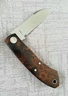 Luzimar Timoteo Custom Native Knife, W/SLIP,4" Umbria Wood shadow pattern in 1070 Carbon, PATINA