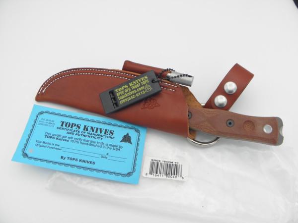 TOPS KNIVES Fieldcraft in 154cm stainless steel with tan canvas Micarta handle.