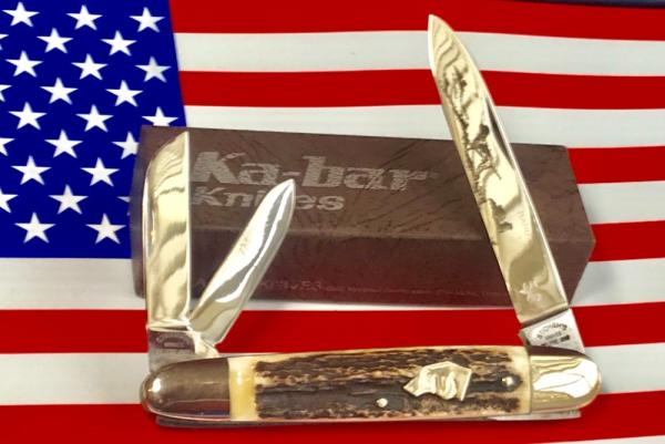 Ka-Bar ka bar (Belpre Ohio) Rhett Stidhams Dog Head Whittler -Great Stag Handles & Blade Etch -NOS Ka-Bar ka bar (Belpre Ohio) Rhett Stidhams Dog Head Whittler -Great Stag Handles & Blade Etch -NOS